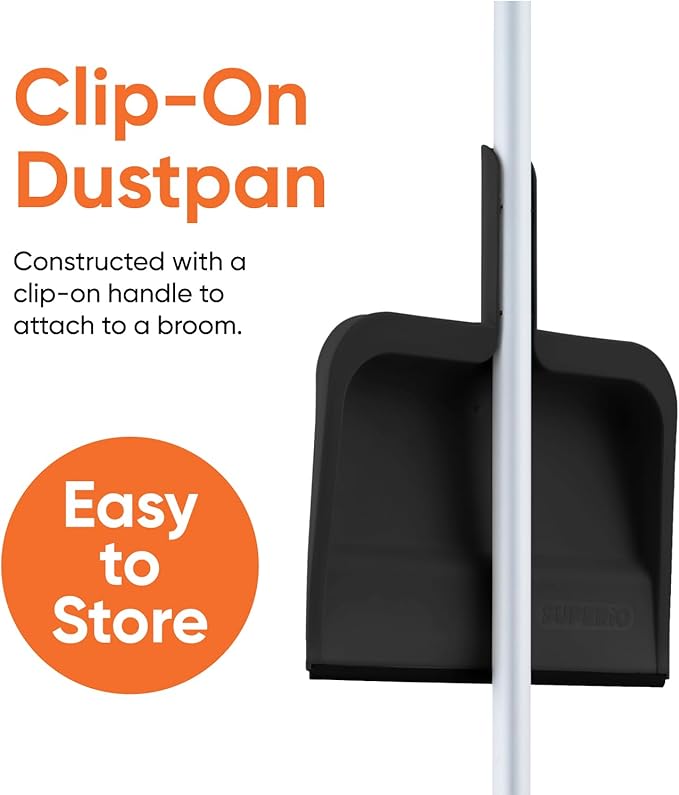 Superio Clip-On Dustpan with Rubber Lip - 10-inch Wide Durable Plastic Dust Pan with Comfort Grip Handle, Black, 3-Pack