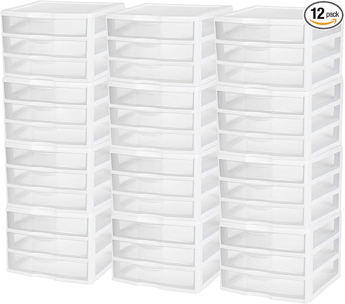 Sterilite 12-Pack Wide 3 Drawer Unit, Plastic Desktop Organizer with Clear Drawers, White Frame - Stackable Multi-Purpose Storage for Office Supplies, Craft Rooms, Classrooms and Home Organization