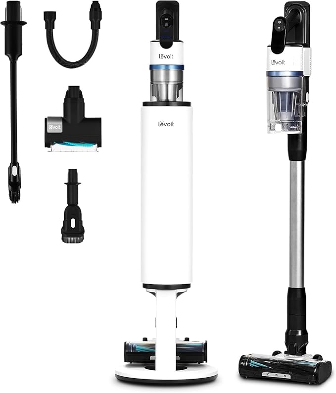 LEVOIT AERO Cordless Vacuum with Auto-Empty Station, HyperPulse Technology, Anti-Tangle Brush, 5-Stage Filtration, HEPA Filter, Up to 70 Mins, Powerful Suction for Pet Hair, Carpet, Hard Floor, White