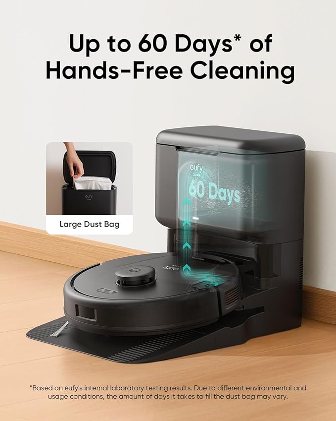 eufy L60 Robot Vacuum with Self Empty Station, Hair Detangling Technology, Up to 60 Days Hands Free Cleaning, 5,000 Pa Suction +6 Pack Dust Bag