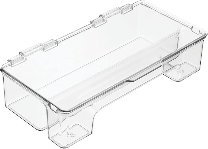 mDesign Plastic Toothbrush Holder, Storage Organizer Bin for Bathroom Vanity, Cabinet, Closet, Drawer - Holds Electric Toothbrush, Toothpaste, Dental Floss, Teeth Whitening Strips - Hinged Lid - Clear
