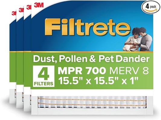Filtrete 15.5x15.5x1 AC Furnace Air Filter, MPR 700, MERV 8, Tough on Pollen, Easy on Airflow, 3-Month Pleated 1-Inch Electrostatic Air Cleaning Filter, 4-Pack