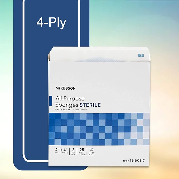 McKesson All Purpose Sponges, Sterile, 4-Ply, 100% Cotton, 4 in x 4 in, 2 per Pack, 25 Packs, 50 Total