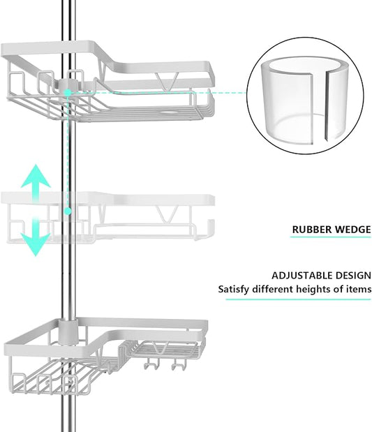 KEGII Corner Shower Caddy Tension Pole - 4-Tier Rustproof Bathroom Organizer, Floor to Ceiling Shower Caddy 25-114.2 inch, No Drilling Shower Storage Rack for Shampoo, Towels (Matte White) | Rustproof, Bathroom Organizer, Shower Storage Rack, for Shamp...