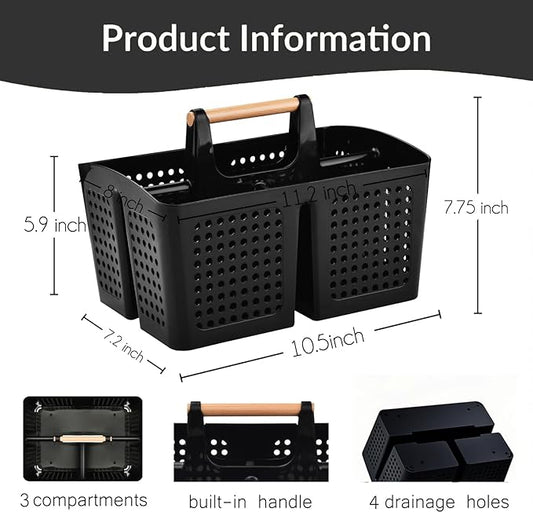 Portable Shower Caddy Basket with Compartments, Plastic Divided Cleaning Caddy Organizer Storage Tote with Handle for Bathroom, College, Dorm Room Essentials, Black