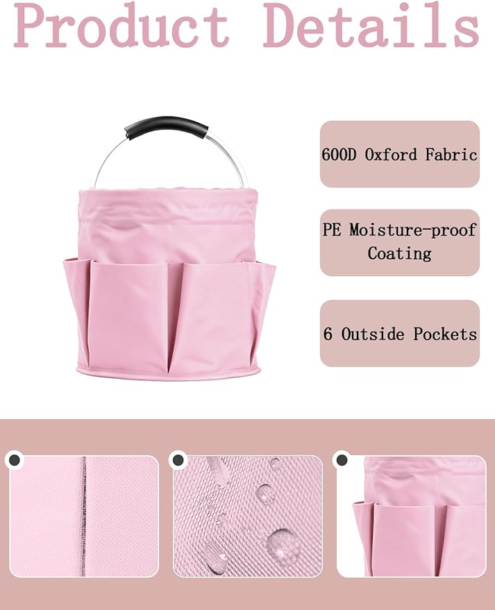 Cleaning Caddy with Handle, Cleaning Products Organiser, Foldable Storage Basket, Large Supply Organiser 17L with 6 Pockets, Portable Cleaning Caddy for Home & Garden (Pink)