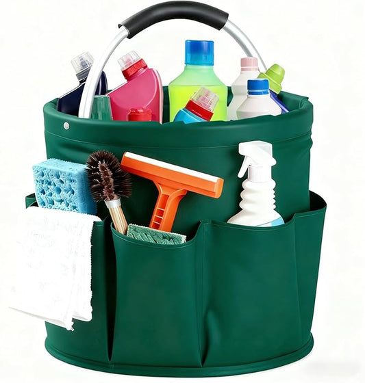 Cleaning Caddy with Handle, Cleaning Products Organiser, Foldable Storage Basket, Large Supply Organiser 17L with 6 Pockets, Portable Cleaning Caddy for Home & Garden (Green)