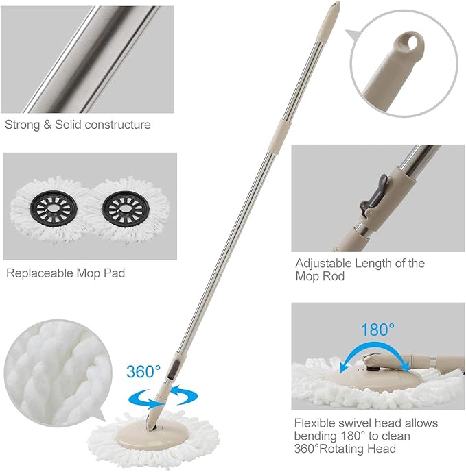 Eyliden 360° Spin Mop Bucket System - Rapid Dry, 2 Microfiber Pads, Adjustable Handle - Mop and Bucket for Home & Commercial Floors, Brown