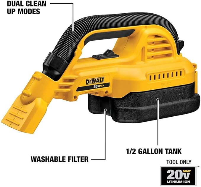 DEWALT 20V MAX Hand Vacuum, Cordless, for Wet or Dry Surfaces, 1/2-Gallon Tank, Washable Filter, Portable, Bare Tool Only (DCV517B)