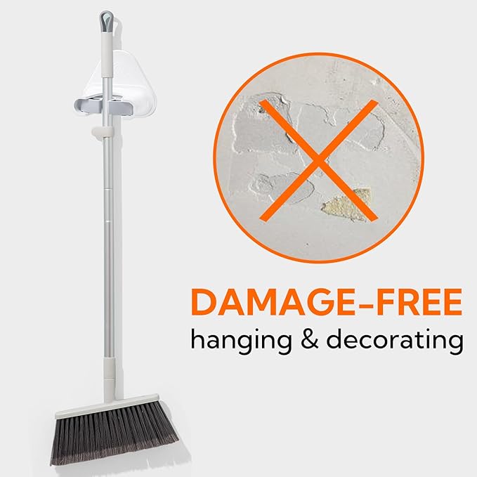hookay 10lbs Broom and Mop Grippers Wall Hooks, 4 Hangers and 12 Adhesive Strips, Damage-Free No Tools Hanging Organizer for Home Organization, Holds up to 10 lb