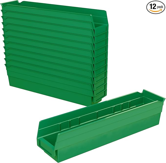 Akro-Mils 30128 Plastic Shelf Bins, Heavy Duty Storage Bins for Garage, Closet, and Drawer Organization, 18-Inch x 4-Inch x 4-Inch, Green, 12-Pack