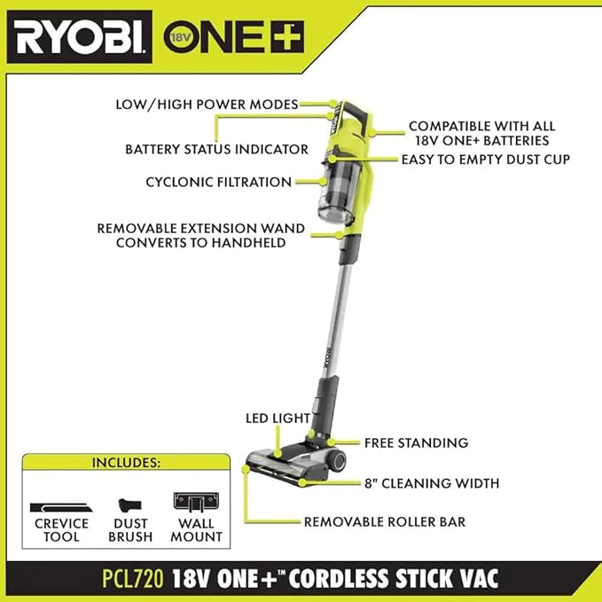 Pacroban ONE+ 18V Cordless Stick Vacuum Cleaner Kit with 4.0 Ah Battery and Charger