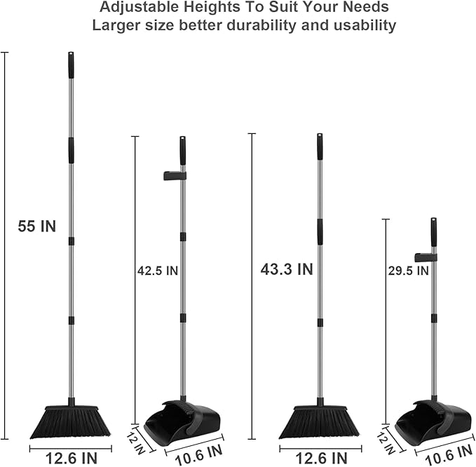 Broom and Dustpan Set, Large Household Broom with Dustpan Combo Set, 55" Long Handle Black Dust Pan Kit for Kitchen Lobby Office Indoor Outdoor