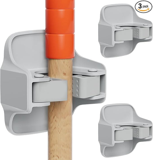 reliahom 3 Pack Broom Holder Wall Mount Mop Grippers No Drilling Self Adhesive Anti-Slip Mop Handle Hanger Dustpan and Broom Organizer Garage Storage Racks-Gray