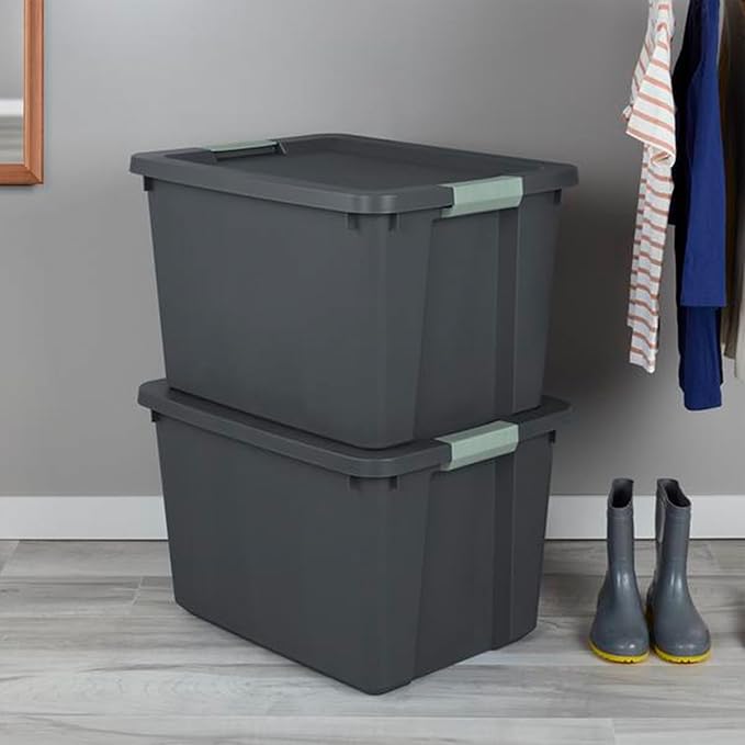 Sterilite 18 Pack 20 Gallon Latch Tote, Stackable Plastic Storage Bin Container, Gray/Green