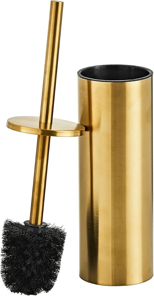 Brushed Gold Toilet Brush and Holder Set - Stainless Steel Toilet Bowl Scrubber with Replaceable Head & Splash Guard