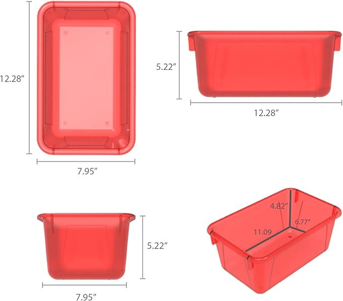 Storex Small Cubby Bins – Plastic Storage Containers for Classroom with Non-Snap Lid, 12.2 x 7.8 x 5.1 inches, Tint Red, 5-Pack (62481U05C)