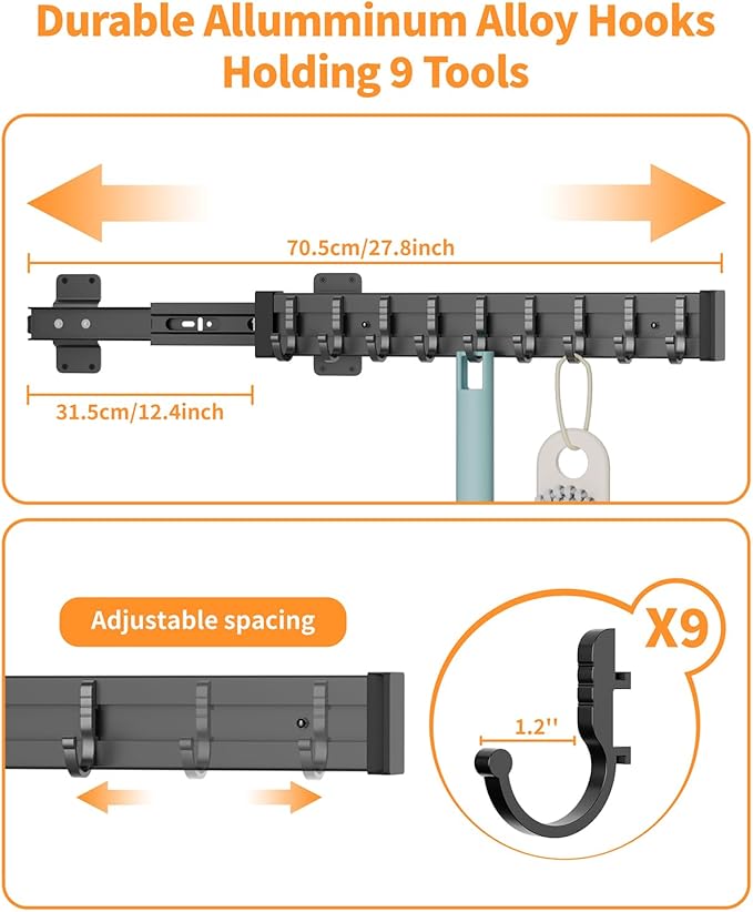 Pull Out Broom Holder With 9 Adjustable Sliding Hook, Multifunctional Slide Broom And Mop Storage/Organizer Garage Organization Hooks, for Closet Laundry - 16.14inch/41cm