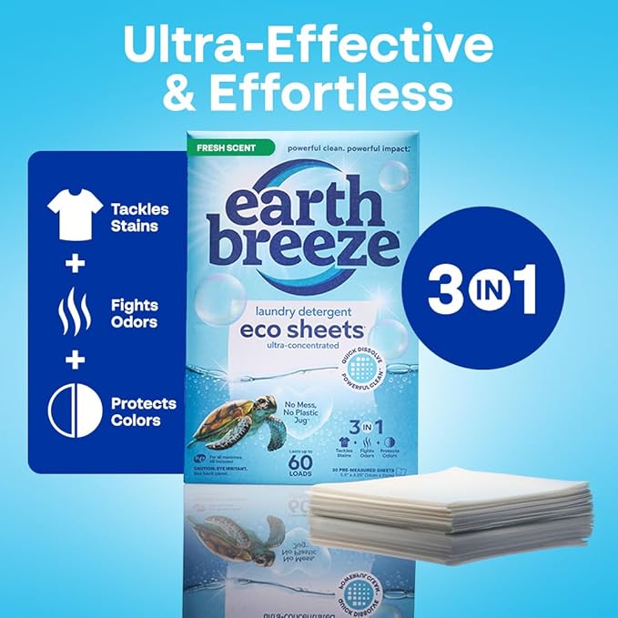 Earth Breeze Laundry Detergent Sheets Fresh Scent - 60 Loads per package. Eco Liquidless Soap - Travel-Friendly for Hot & Cold Cycles, Tackles Tough Stains & Odors - Gentle on Skin, 30 sheets (3 Pack)