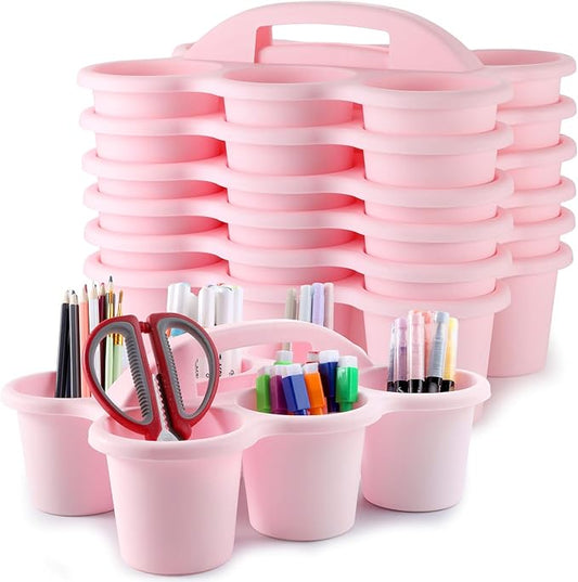 6 Pack Classroom Caddy with Handle Plastic Storage Caddy Organizer with 6 Compartments Drink Cup Caddies Holder Portable Storage Bin for Pencil, Crayon, Marker, Home, Office, School Supplies(Pink)