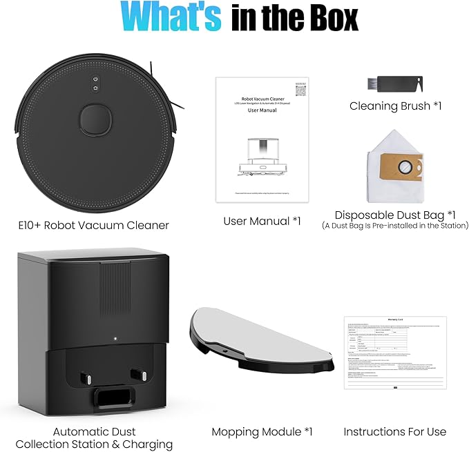 E10+ Robot Vacuums and Mop, 75-Day Self-Emptying, 8000PA Suction, LiDAR Navigation, Home Mapping, APP ＆ Voice Control, 150Mins Runtime for Pet Hair, Hard Floors, Carpets