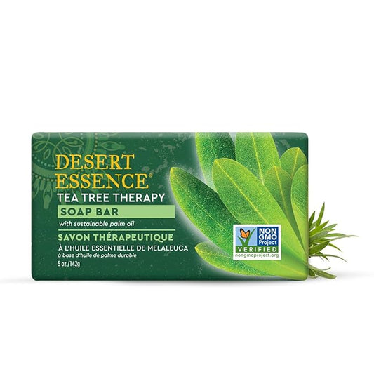 Desert Essence Tea Tree Therapy Cleansing Soap Bar - Botanically-Based with Sustainable Palm Oil, Eco-Harvest® Tea Tree, Jojoba Oil, Aloe – Safe for Sensitive Skin, Face & Body, Vegan, Cruelty-Free