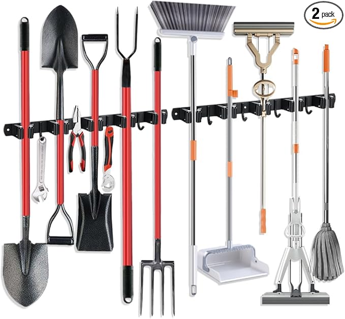 2 Pack Broom Hanger and Mop Holder, Heavy Duty Garden Tool Organizer Rack Rake and Shovel Handle, Stainless Steel Wall Mounted Utility Rack with Screws (5 Racks with 4 Hooks, Matte Black).
