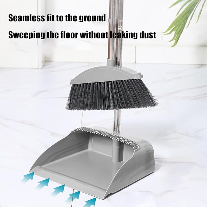 Broom and Dustpan Set for Home Indoor 180 Rotatable Broom with Dustpan Combo Set for Office Home Kitchen Lobby Floor Cleaning Broom Dustpan for Indoor & Outdoor Sweeping (Gray)