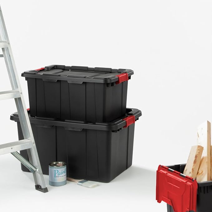 Sterilite 18-Pack Industrial Tote, Plastic Storage Bins with Lids, 15 Gallon, Black - Heavy-Duty Organizing Containers for Closet, Bathroom, and Office