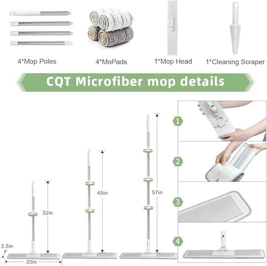 CQT Commercial Flat Microfiber Floor Mop Cleaning System 20" Wet Dry and Dust Hardwood with 4 Washable Pads Cleaner for Laminate Tile Stainless Steel Handle and Extension (PT15 New)
