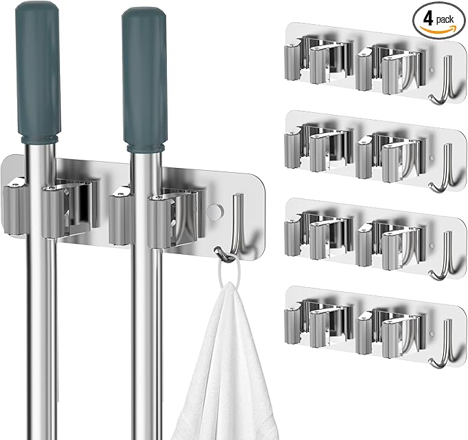 Wall Mount Mop and Broom Holder, Heavy Duty Stainless Steel Organizer Rack with Hooks | 4-Pack, 2-in-1 No Drill & Screw Installation, Silver