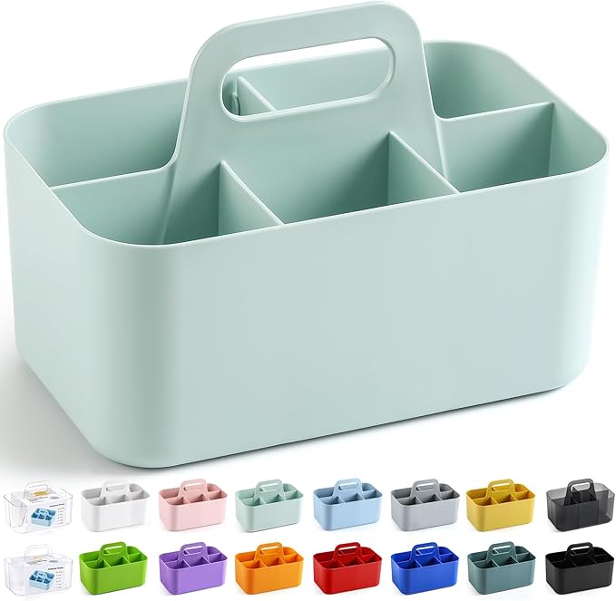 Multiuse Caddy Organizer with Handle - Stackable Plastic Tote Bin - Art Craft Supplies, Office, Desk, Stationery Pen Holder, Kitchen, Utensil, Makeup, Bathroom, Shower, Cleaning, Dorm Organizer - Mint
