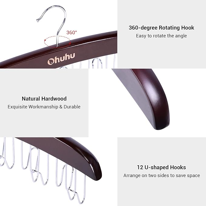 Belt Hanger Organizer for Closet: Ohuhu 2 Pack 12 Hooks Max 36 Belts Tie Rack Wooden Belt Holder for Storage 360 Degree Rotating Space Saver Organizer for Men Women Belt Tie Scarf Accessories-Walnut
