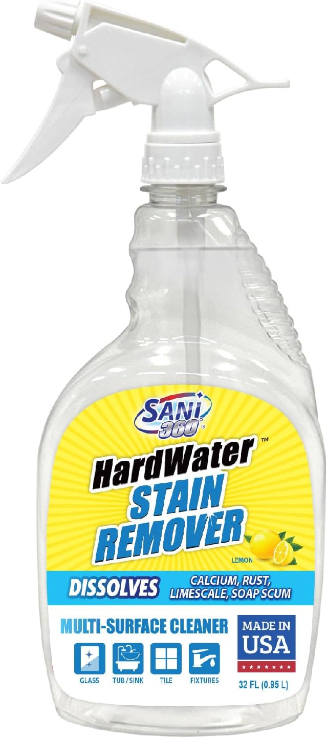 SANI 360° Hard Water Stain Cleaner (32 oz) 60 second multi-surface sealant and cleaner. Reduces buildup, calcium, limescale, rust, and soap scum. Lemon scent MADE IN USA
