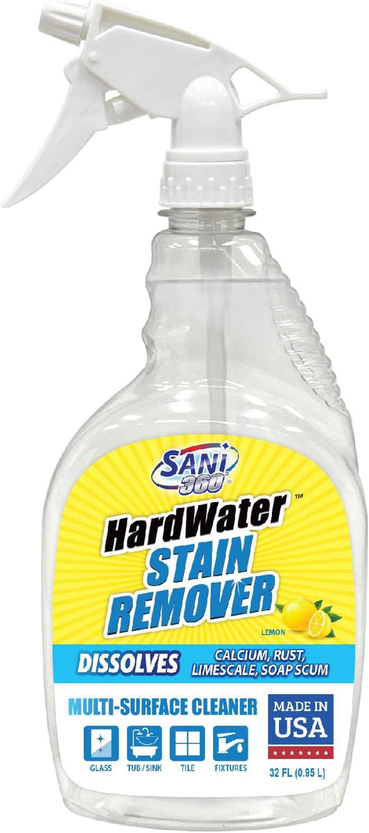 SANI 360° Hard Water Stain Cleaner (32 oz) 60 second multi-surface sealant and cleaner. Reduces buildup, calcium, limescale, rust, and soap scum. Lemon scent MADE IN USA