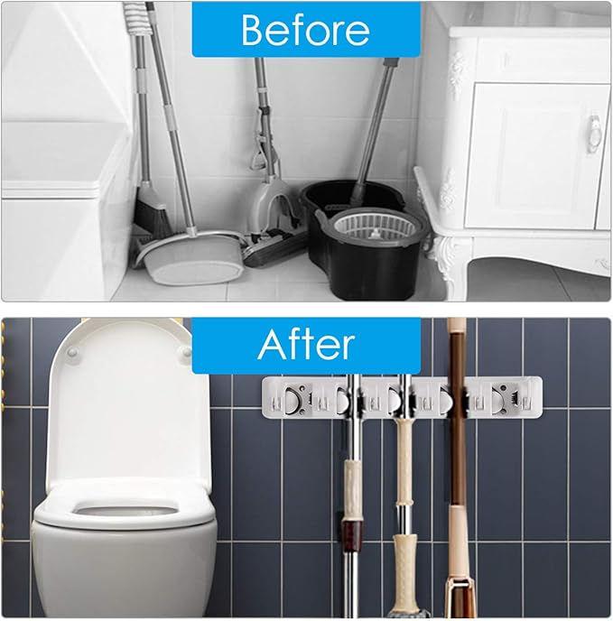 Tangkula Wall Mount Mop Broom Holder, Hanging Broom Organizer w/ 5 Slots & 6 Hooks, Home Storage Organizer Rack, Hanging Utility Rack for Home, Kitchen, Garage, Laundry (White)