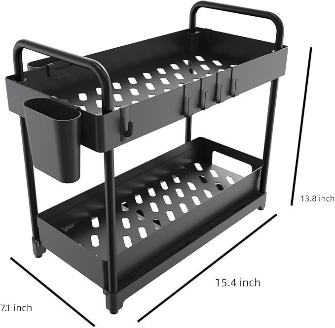 2 Pack Double-Layer Under Sink Organizer for Efficiently Utilizing Space, High Capacity and Space Saving, 2 Tier Sliding Under Sink Shelf with 4 Hooks and a Cup Slot(Black)