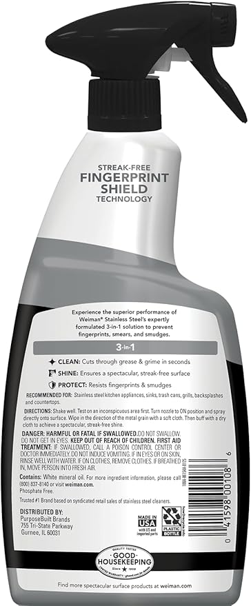 Weiman Stainless Steel Cleaner and Polish - Protects Appliances from Fingerprints and Leaves a Streak-Free Shine for Refrigerator, Dishwasher, Oven & Grill, Cleaning Supplies, Microfiber Cloth