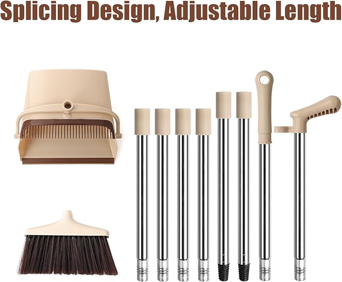Broom and Dustpan Set with Long Handle – Upright Standing Broom Combo with Self-Cleaning Teeth & Windproof Dustpan, Floor Sweeper for Home, Kitchen, Pet Hair, Indoor Outdoor Use