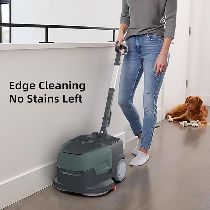 Mini Automatic Floor Scrubber Machine Battery Powered Walk Behind，Portable Commercial Floor Scrubber Machine，90-Minute Runtime, Includes 2 Hard Brush Soft Brush and 2 Scouring pads