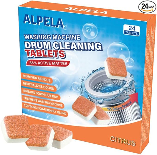 Washing Machine Cleaner Descaler | Deep Cleaning Tablets For HE Front & Top Load Washer, Septic Safe Eco-Friendly Deodorizer, Clean Inside Drum and Laundry Tub Seal (Citrus Scent - 24 Count)