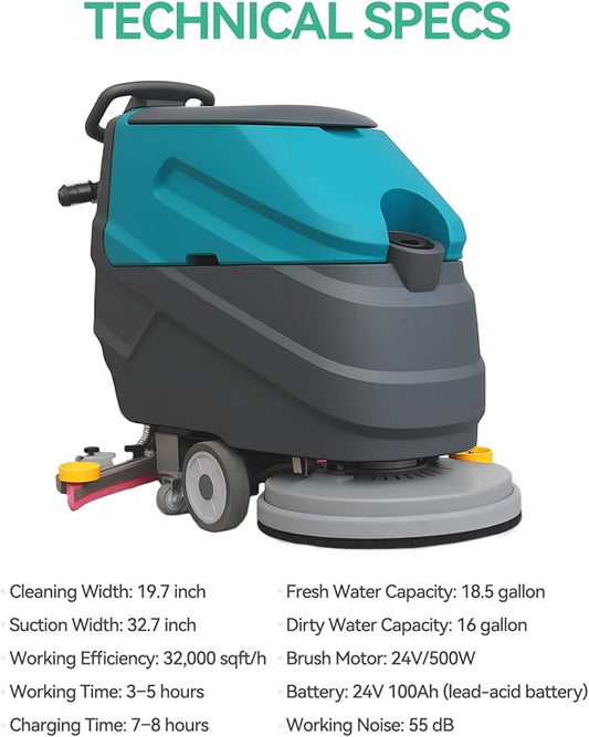 Walk Behind Floor Scrubber Machine, 22" Cleaning Width, 31.5" Suction Width, 18.5-gal Tank, 32000 Sqft/h, Commercial Floor Scrubber for School and Shop, Complete Set of Parts