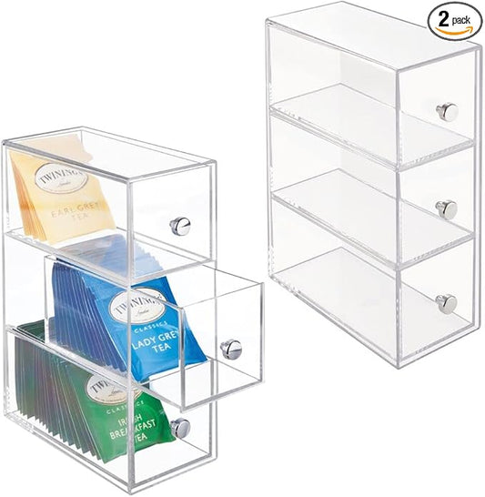 mDesign Plastic Kitchen Pantry Stackable Storage Organizer Container Station with 3 Drawers for Cabinet, Countertop, Holds Coffee, Tea, Sugar Packets, Creamers - Lumiere Collection - 2 Pack - Clear