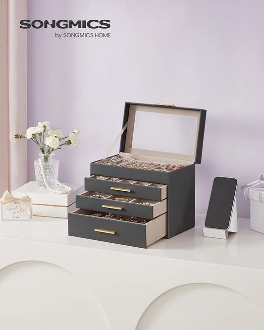 SONGMICS GISELLA Collection - Jewelry Box Organizer, 4-Layer Jewelry Storage with 3 Drawers, Shiny Metal Hardware, Glass Lid, Modern, 6 x 9.9 x 8.5 Inches, Gray and Gold Color UJBC161C01