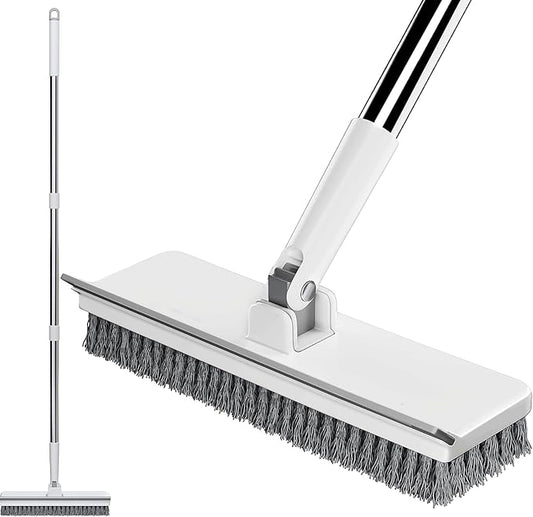 Floor Scrub Brush with 55" Long Handle, 2-in-1 Floor Brush with Built-in Squeegee, Adjustable Angle Head and Stiff Bristles for Tile, Wood, Concrete & Textured Floor Cleaning