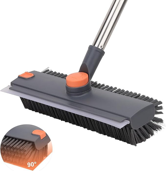 Floor Scrub Brush with 64" Long Handle - 360° Swivel Heads Household Push Brush with Squeegee and Right Angled Bristle for Cleaning Concrete Floors Grout Gardens Patio Deck Concrete Garage Heavy Duty