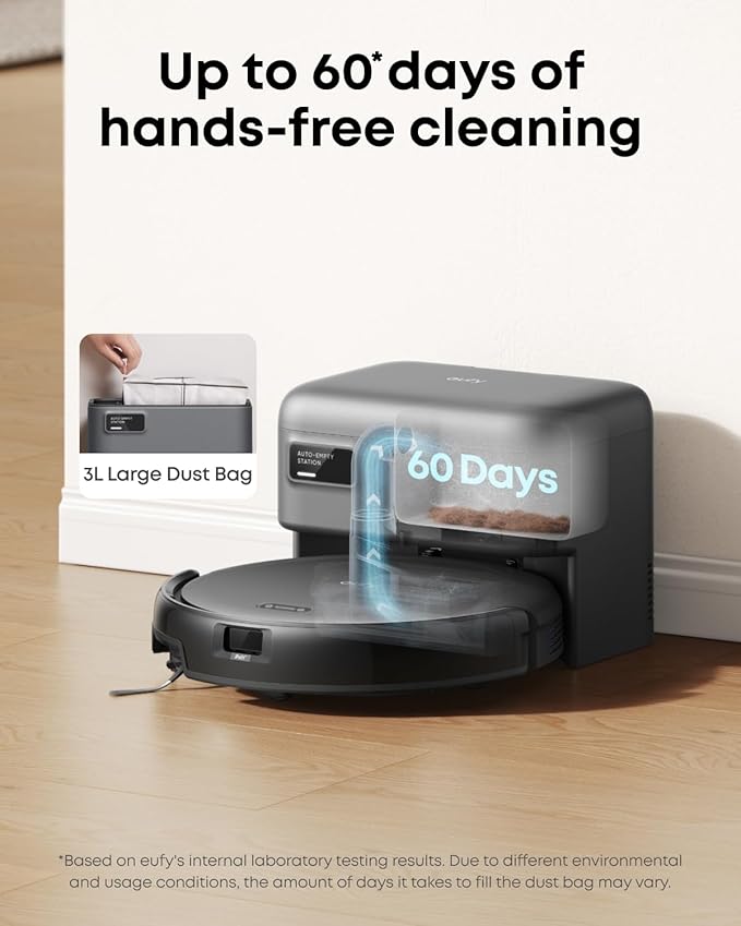 eufy Like-New C10 Robot Vacuum Self Emptying, 8 Weeks Hands Free, Advanced Smart Mapping with LiDAR Navigation, 2.85-Inch Slim Design, Powerful Suction, Edge Expansion Brush for Pet Hair（Renewed）