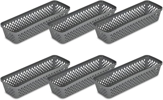 Glad Plastic Storage Basket Set - Multipurpose Drawer Trays, Kitchen Pantry Containers, and Bathroom Bins - 6 Pack Narrow Organizers, Grey
