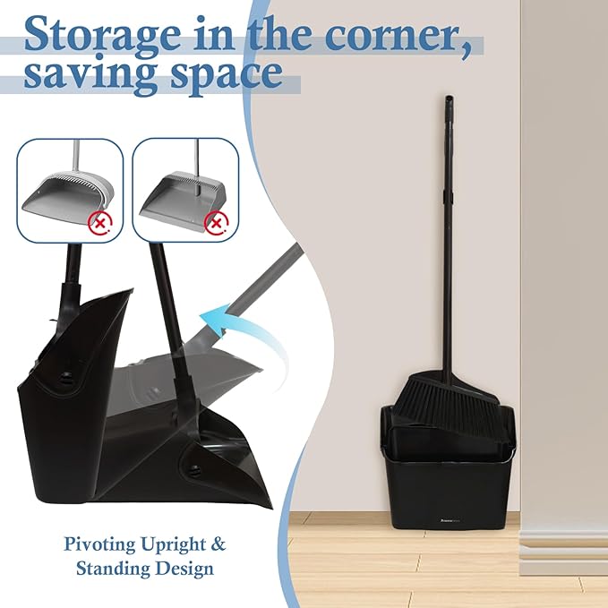 Broom and Dustpan Set with Long Handle and Wheels, Upright Standing Heavy Duty Large Dust Pan and Broom Combo for Indoor Outdoor, Kitchen, Garage, Restaurant Cleaning – Black