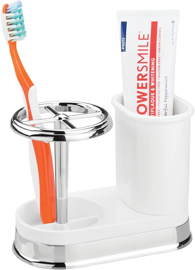 mDesign Decorative Bathroom Dental Storage Organizer Holder Stand for Electric Spin Toothbrush/Toothpaste - Compact Design for Countertop and Vanity, Holds 4 Standard Brushes - White/Chrome